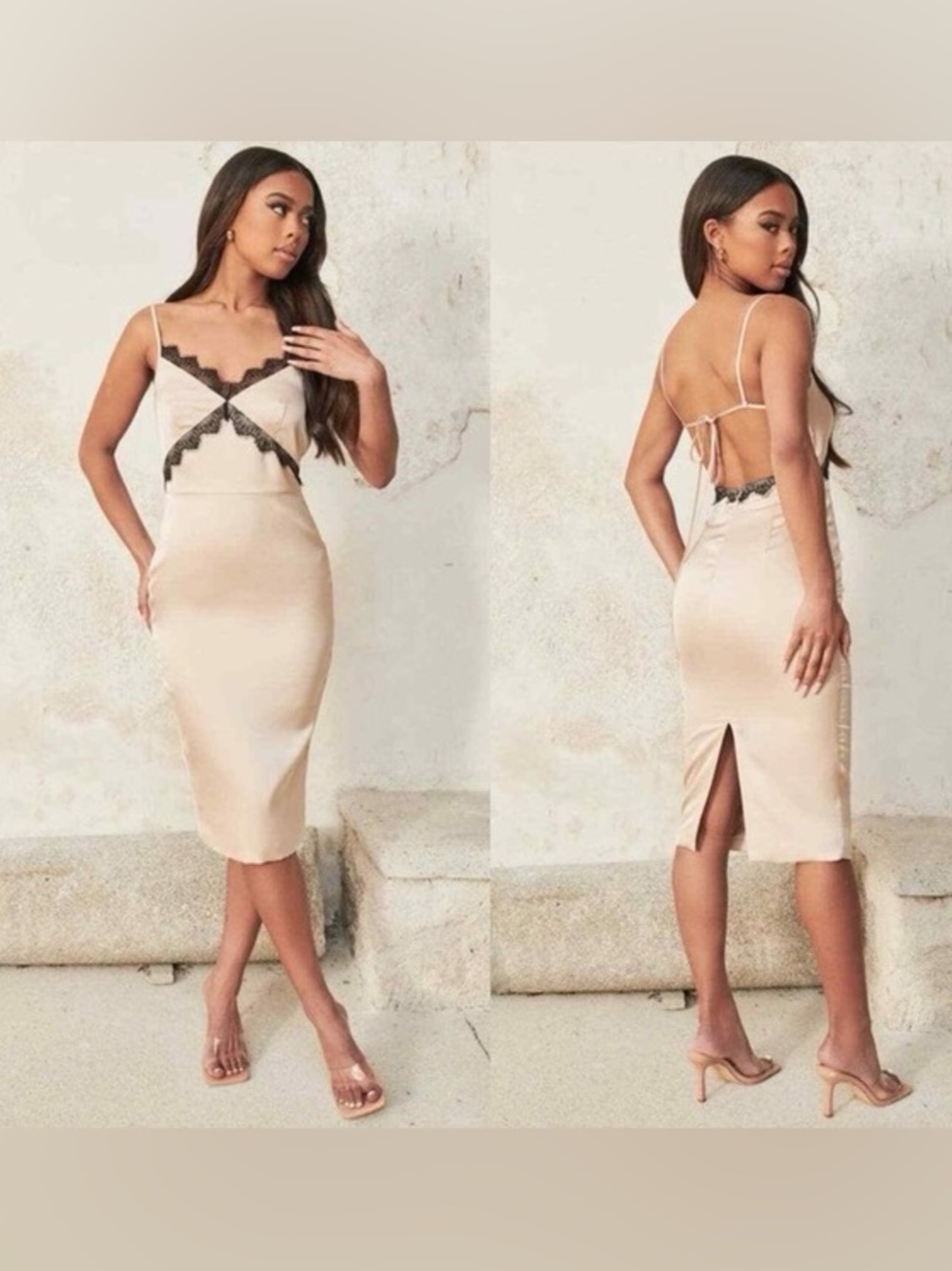 Lavish Alice Champagne Satin Dress with Black Lace Trim